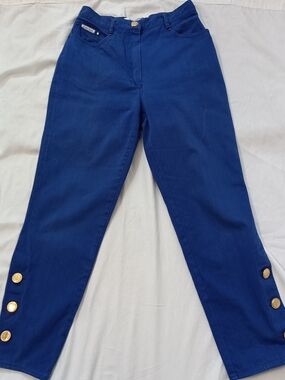 Vintage Christian Llinares Straight-Leg Jeans Gold Button Hem Cobalt Blue